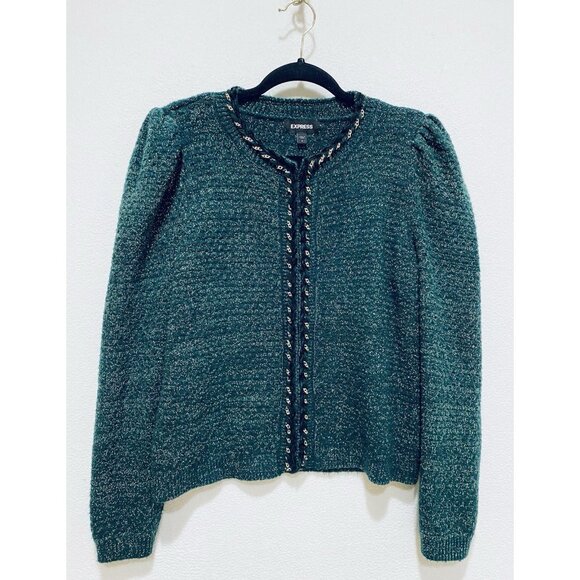 Express Cardigan Sweater Womens Medium Green Glitter Puffy Sleeve Cottagecore - Picture 2 of 7